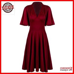Vintage Rockabilly Swing Cocktail Dress with Sleeves, V-Neck, Pleated